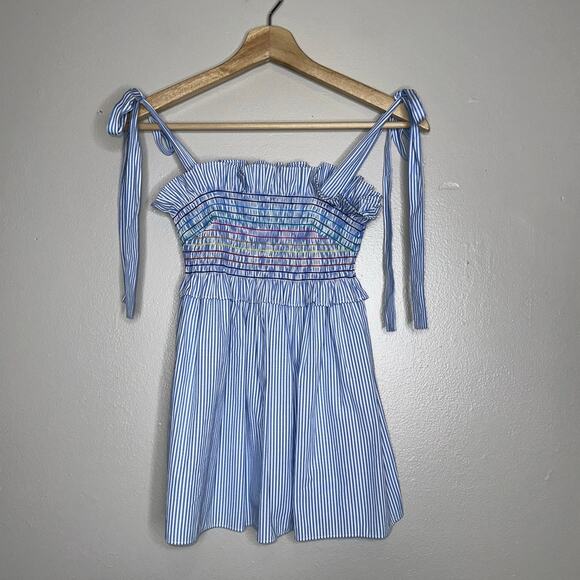 Tuckernuck Rainbow Smocked Blouse XS Multicolor Stripe Cotton Top Tie Straps - Picture 2 of 7